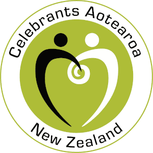 Logo of wedding celebrant Aotearoa New Zealand featuring a stylized green and black image of two figures forming a heart on a green background.
